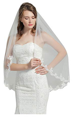 BEAUTELICATE Brautschleier Schleier Spitzenborte Für Braut Hochzeit Softtüll Weiß Ivory Lang Kurz Mit Metall Kamm 1 Schicht V83