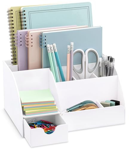 Organiseur de bureau en acrylique blanc avec tiroir, 9 compartiments – Fournitures de bureau tout-en-un et accessoires de bureau cool porte-stylos, améliorez votre décoration de bureau (blanc).