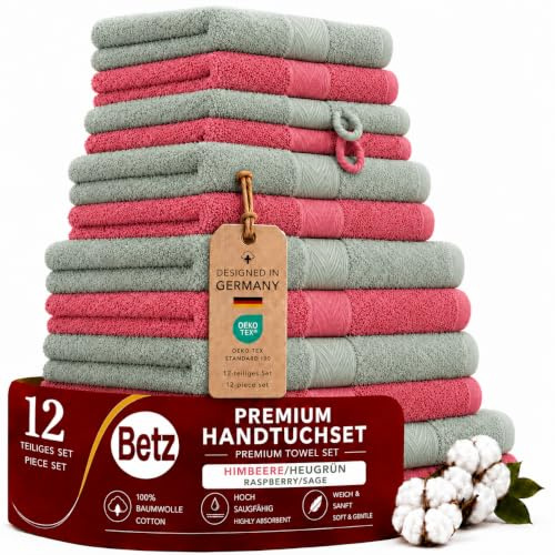 Betz Premium Handtuch-Set 12-teilig – 100% Baumwolle – Oeko-TEX® Zertifiziert – hohe Grammatur – Duschtücher, Handtücher, Gästetücher & Waschhandschuhe Farbe Himbeere/heugrün