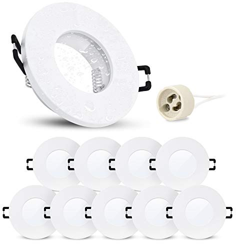 linovum ISAWO Einbaurahmen 10x IP65 weiß rund GU10 Bad & Außen | Zehn Deckenrahmen weiß IP65 - mit Glasscheibe & Dichtung für Bad, Dusche & außen, für GU10, inkl. Fassung (ohne Leuchtmittel)