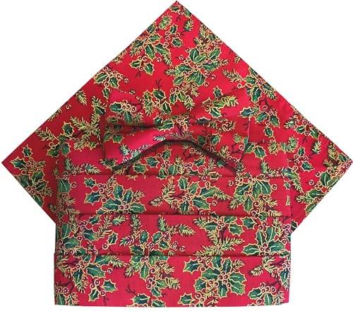 Weihnachts-Kummerbund-Sets: inklusive Fliege & Einstecktuch (verschiedene Designs), Rote Vintage-Stechpalme, EinheitsgröÃŸe