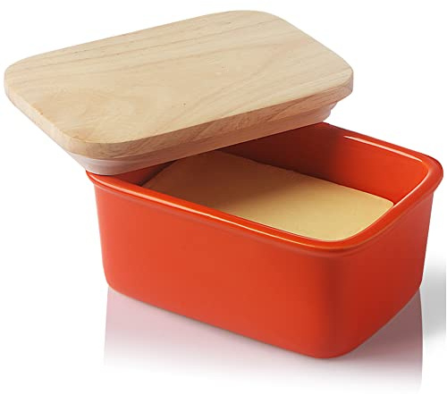 Sweejar Home Mantequera de porcelana con tapa, hermética, grande, con tapa de madera, recipiente de mantequilla perfecto para 2 barras de mantequilla de la costa oeste o este (naranja)
