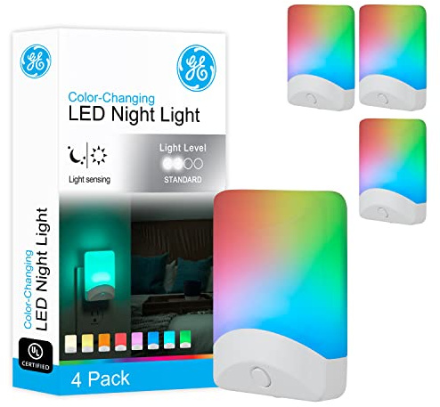 GE Color Changing LED Night Light for Kids, Dusk to Dawn Sensor, Home Decor Apartment Essentials, Wall Lights for Bedroom, Ambient Lighting, Nightlights Plug in, 50860, 4-Pack