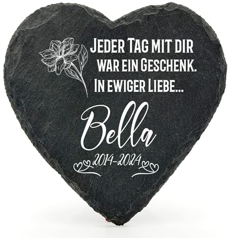 TULLUN Individueller Personalisiert Herzform Tiergrabstein Schiefer Natürlich Gedenkstein für Hund, Katze und andere Haustiere Tiere - Größe | 10 x 10 cm | - Blumen