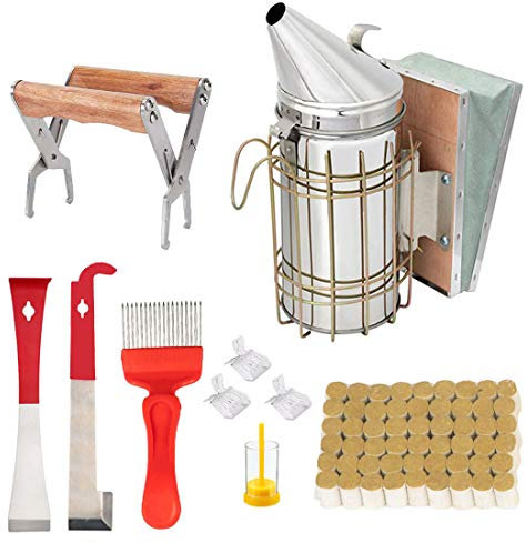 Mr.Bee Imkerei-Werkzeugset, 10 Bienenstock-Raucher, 54 Räucherpellets, J-Haken, Rahmengriff, Imkerzubehör für Imkereibedarf, Starterset