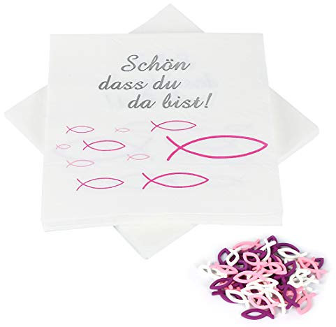 Servietten Fisch Rosa,32 Servietten und 60 Stücke Holz Fische Deko, Taufdeko Mädchen, Kommunion Taufe Tischdeko,Servietten Taufdeko Tisch Deko