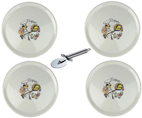 Saturnia Lot de 4 assiettes à pizza en porcelaine XXL avec différents motifs + roulette à pizza en acier inoxydable Ø 33 cm