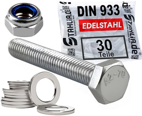 Stahlia 10 Sechskantschrauben 10 Unterlegscheiben & 10 Muttern Set Edelstahl M8 x 20 mm Vollgewinde (30 Teile) DIN 933|125|985 Maschinenschrauben Außensechskant
