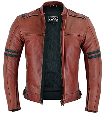 LOVO - Chaqueta de Cuero para Moto Custom - Chaqueta para Moto de Cuero Auténtico Unisex - Chaqueta Moto Hombre y Mujer Estilo Vintage - Con Protecciones CE - Cazadora de Moto Segura