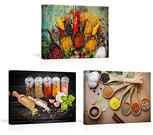 PIY PAINTING 3 Pezzi Stampe e Quadri su Tela, Immagini Cucchiai e Spezie Varie, Quadro Moderno su Tela per Domestico da Parete Decorazione, Quadri Cibo con Cornice per Soggiorno Cucina (30x40 cm)