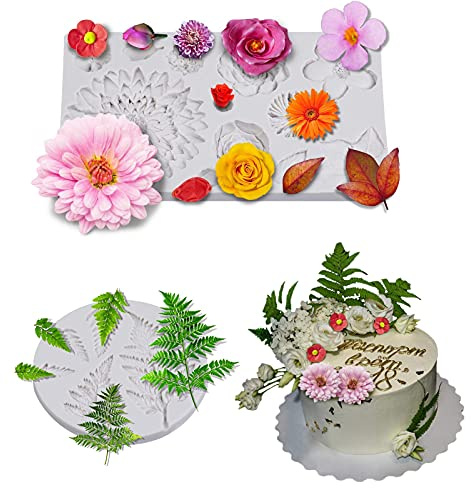 TROYSINC Large Chrysanthemum Silicone Mould, 3D Flower Motifs DIY Silicone Mould with Flowers and Leaves Cake Silicone Mould for Cake Decoration Baking Tools Soap Mould Silicone
