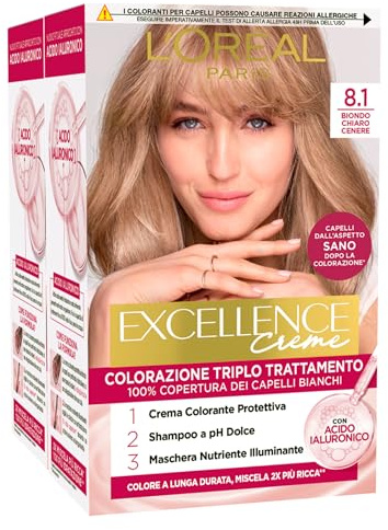 L'Oréal Paris Tinta Permanente Excellence Creme 8.1 Biondo Chiaro Cenere Colorazione Triplo Trattamento Copre 100% dei Capelli Bianchi Lunga Durata con Acido Ialuronico - 2 Tinte