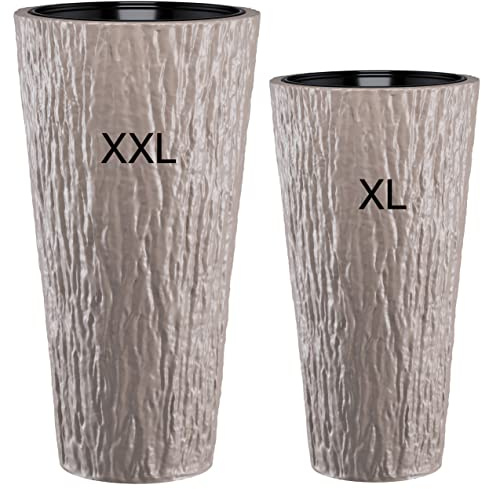 MELTOM Blumenkübel Blumentopf Rund Slim Hoch 3D Effekt Dekorativ Pflanzkübel mit Herausnehmbaren Einsatz SET2: XXL+XL Taupe