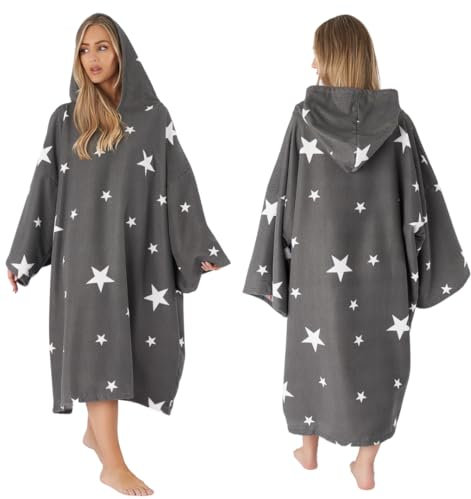 Dreamscene Star Hooded Poncho Towel Adult Oversized Bath Beach Swimming Pool Sea Absorbent Microfibre Quick Dry Changing Robe - Charcoal Grey White