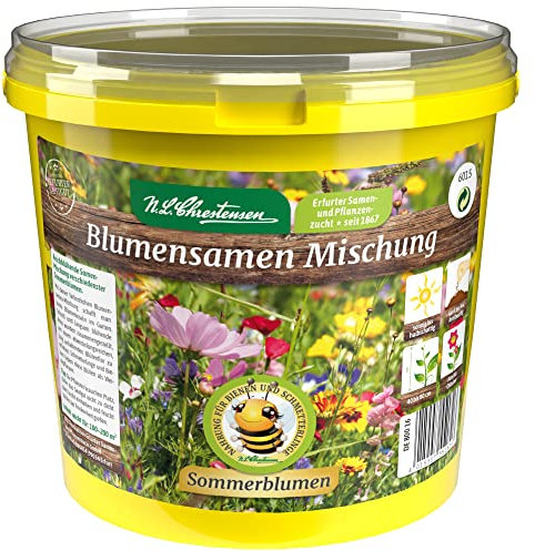 N.L. Chrestensen Blumensamen Mischung, Saatgut bienenfreundlich, Sommerblumen, Bienenweide, Bienen Blumen Samen, Blumenwiese für Bienen, reicht für 100 bis 200 m2 (1L Eimer)