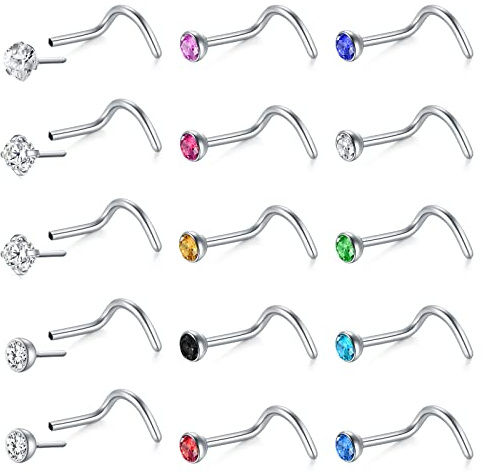 Mayhoop 20G Piercing Nariz Stud Acero quirúrgico Push In Nariz Tornillo Stud con CZ Nariz Anillos Piercing Nariz para mujeres Hombres 15 piezas