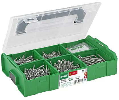 SPAX Montagekoffer L-BOXX Mini, Elektriker-Set inkl. 475 Halbrundkopfschrauben in 5 Abmessungen, 75 passenden Dübeln und 3 T-STAR plus Bits