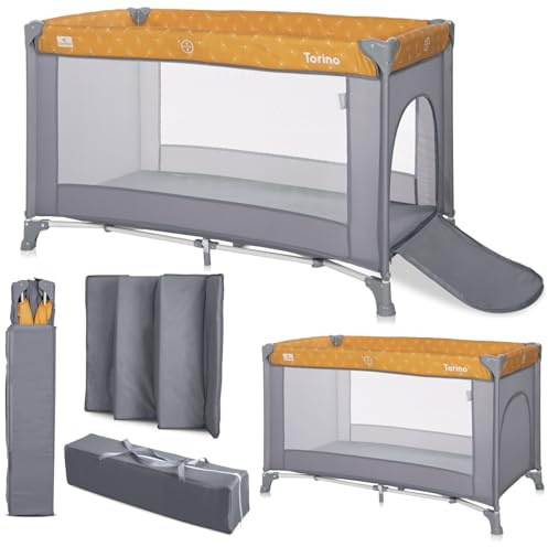 Lorelli Baby Reisebett, 2 in 1 Babybett und Laufstall Torino mit Seiteneingang, Kinderbett ab Geburt bis 15 kg, faltbar inkl. Transporttasche, gelb