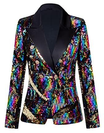 CARFFIV Damen Mode Zweireihige Bankett Party Urlaub Pailletten Langarm Jacken,Multicolour,S