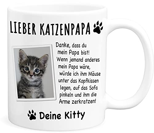 Katzenpapa Tasse personalisiert mit Foto Geschenk für Katzenbesitzer | Personalisiert, hochwertige Keramik, spülmaschinen- & mikrowellengeeignet, 330 ml, Katzentasse mit Foto
