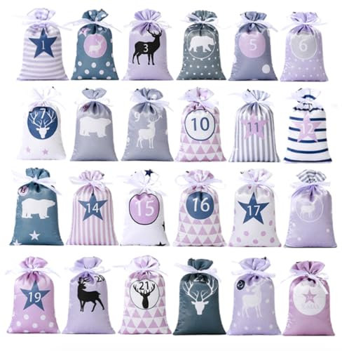 Christmas Advent Calendar Bags, 24 Days Countdown Burlap bags Hanging Advent Calendar Gift Favors for Xmas Decorations (Purple)