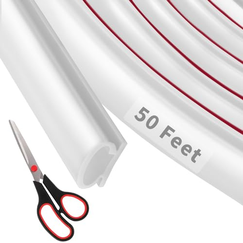 Fingwerk 50 Feet D-Shape Rubber Weather Stripping Door Seal Strip, Self-Adhesive Backing Door Weatherstripping for Door Frame Insulation Large Gap, Easy Cut to Size with Tailor Scissors(White)