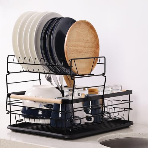 Navaris Cestello Scolapiatti con Manici e Vassoio Anti Sgocciolamento - Rastrelliera Asciuga Posate - Scola Piatti Stoviglie da Appoggio - Dish Drying Rack 42,5 x 31,5 x 14 cm Nero