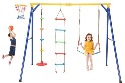 Maxmass 4-in-1 Kids Swing Set, Metal Frame Swings Playset with Basketball Hoop, Disc Rope Swing, Climbing Ladder, Belt Swings, Children Playground for Indoors Outdoors (Weight Capacity: 300 kg)