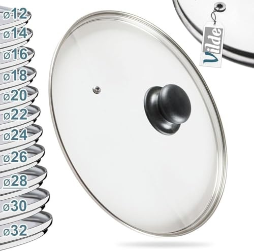 Vilde Universal Glasdeckel 28 cm - Hitzebeständig Bis 200C - Edelstahlrand in Silber und Kunststoffgriff - Für Töpfe, Pfannen & Kasserollen - Mit Dampfventil - Transparente Sichtkontrolle