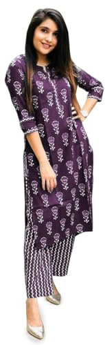 LookMark Conjunto de pantalón Kurta recto de mezcla de algodón estampado para mujer, elegante conjunto étnico para mujeres modernas, perfecto para cualquier ocasión, Vino, M