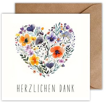 WBdesignz Dankeskarte mit Blumenherz - Danke Karte Herzlichen Dank Abschiedskarte Dankeschön Karte (125 x 125 mm)