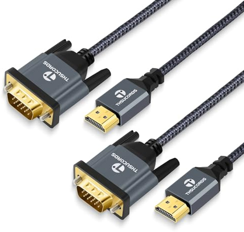 Thsucords HDMI auf VGA Kabel 2M 2 Stück, Vergoldetes, Geflochtenes HDMI auf VGA Adapterkabel (Stecker auf Stecker) für Computer, Desktop, Laptop, PC, Monitor, Projektor