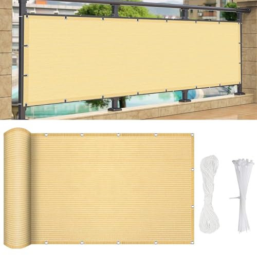 Balkonbespannung Nach Mass 300 x 165 cm HDPE Uv-Schutz Windschutz, Privatsphäre Balkonverkleidung Balkonumspannungen, mit Kabelbinder Und Kordel, für Terrasse, Hinterhof, Sandgelb