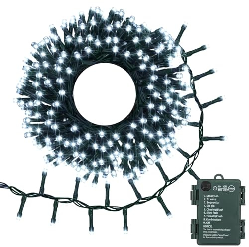 DBFAIRY Lichterkette Batteriebetrieben, 3M 200 LED Cluster Weihnachtsbeleuchtung Außen mit Auto Timer 8 Modi Wasserdicht Feuerwerk Lichterkette für Garten Party Baumdekoration (Kaltweiß)