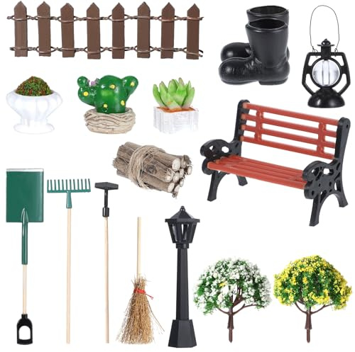 Yuanchu 16 Pcs Miniature Dollhouse Set Garden Tools, Miniature Dollhouse Garden Mini Bench Garden Shovel Rain Boots Straw Hat Broom for DIY Miniature Fairy Garden Dolls House Accessories
