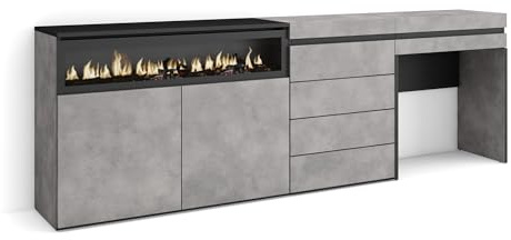 Skraut Home | Aparador | con Almacenamiento | 227x75x35 cm | Dormitorio, habitación | Chimenea eléctrica | Cómoda, Cajonera | Tocador | Estilo Moderno | Cemento