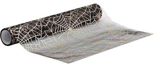 100%Mosel Halloween Tischläufer Spinnennetz, in Schwarz (28 cm x 5 m), transparentes Organza Tischband mit Metallic Druck, gruselige Tischdeko für Wednesday Party und Geburtstage
