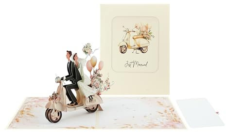 Cavoado® 3D Pop-up Hochzeitskarte 20cm x 15cm XL Card mit Motoroller Moped Scooter Motorrad-Motiv und Geldgeschenk-Fach – Faltbare Vintage Roller Karte mit Umschlag