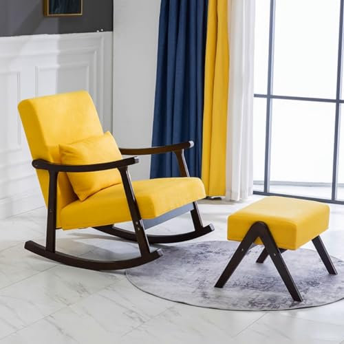 ZXFDMSWJ Schaukelstuhl aus Stoff mit Ottomane, moderner Schaukelstuhl, Sessel, Einzelsofa, Akzentstuhl aus Massivholz, bequemer Stillsessel, Freizeitstuhl für das Wohnzimmer (Farbe: Gelb, Größe: Waln