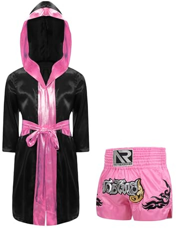 ranrann Barn pojke outfit boxning kamprock boxning huvtröja och shorts boxning Muay Thai kickboxning MMA, Svart och rosa, 9-10 �r