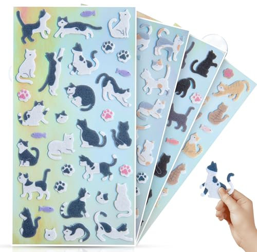 flauschige Filzsticker mit Katzen- und Pfotenabdruckmustern | 4 Bögen | weich | selbstklebend | vielfältig verwendbar | Ideal für Basteln, Scrapbooking und Schulanfang | Jolly Stickers®