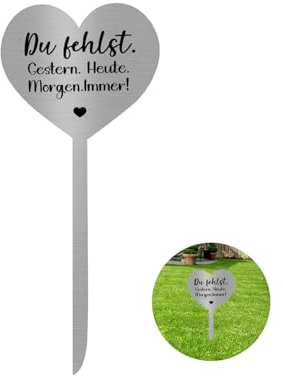 Onperpoe Grabstecker Edelstahl Grabschmuck Herz mit Spruch Du Fehlst. Gestern. Heute. Morgen. Immer! Grabdekoration Wetterfest Friedhof Grabdeko Grabgestecke Grabschmuck Wetterfest Urnengrab 28cm