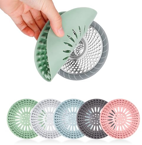 Filtri per Scarico dei Capelli Silicone Tappo Lavandino Cucina per Vasca da Bagno da Cucina Facile da Pulire 5 Pezzi (Rosa Verde Blu Grigio Scuro Grigio Chiaro)