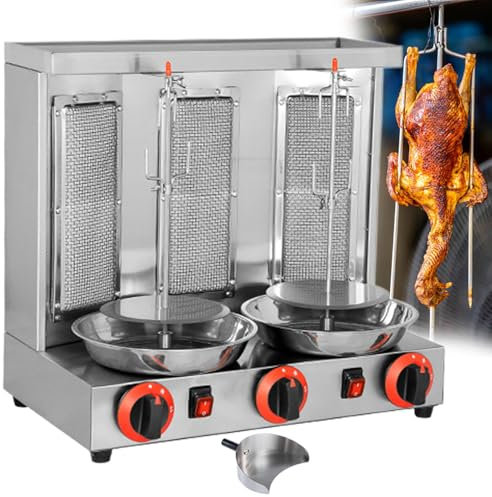 GESAIDES Parrilla a Gas, Parrilla Vertical para Kebab, Parrilla de Acero Inoxidable, Horno Giratorio, con 3 Quemadores, Máquina para Asar Carne para Uso Comercial y Doméstico