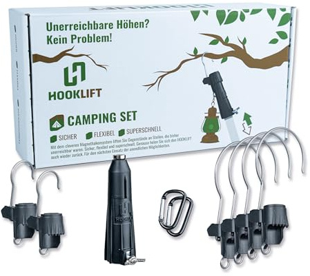 Hooklift-CAMPING Set neuartiges Magnet-Haken-System für ein Sicheres, Flexibles und Schnelles Aufhängen von Gegenständen im Outdoor-Bereich - Keine Leiter notwendig! Das ideale Geschenk für Camper.