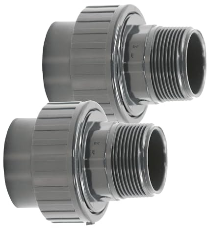 HAF® 2 raccordi in PVC con manicotto adesivo da 50 mm x filettatura esterna da 2 | Adattatore in PVC grigio per tubi della piscina e tutte le tubazioni | Qualità: Made in Europe – Quantità: 2 pezzi