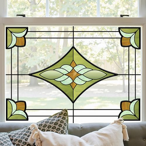 ADD.HERES Window Stickers, ‌Stained Glass Window Privacy Film, UV Blocking Static Cling for Home Kitchen Office Bathroom, Verdant Prism, 11.81 X 15.75