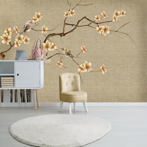 XLMING Kreative Retro Pinselführung Pflaumenblüten Vögel Und Blumen 3D Tapete Dekorative Seidenoptik Speisesaal Arbeitszimmer Wohnzimmer Schlafzimmer Sofa TV Wand-150cm×105cm