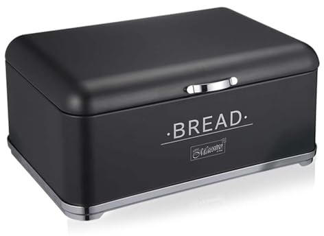 MAESTRO MR1677‑AR‑BL Retro Brotkasten aus Stahl | Frischhaltedose mit Deckel und Schriftzug | Große Brotbox im Vintage‑Design für stilvolle Küchenorganisation (Schwarz/silber)