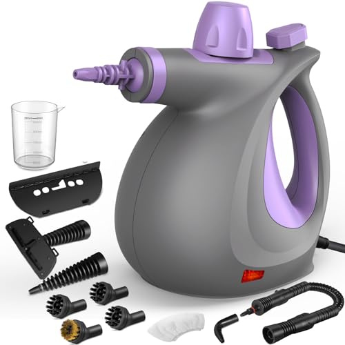 Pressurized Handheld Multi-Surface Natural Steam Cleaner with 12 pcs Accessories, Multi-Purpose Steamer for Home Use, Steamer for Cleaning Floor, Upholstery, Grout and Car,Greay&purple